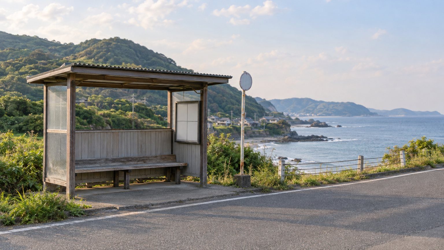 房総の海沿いの道にあるバス停のイメージ