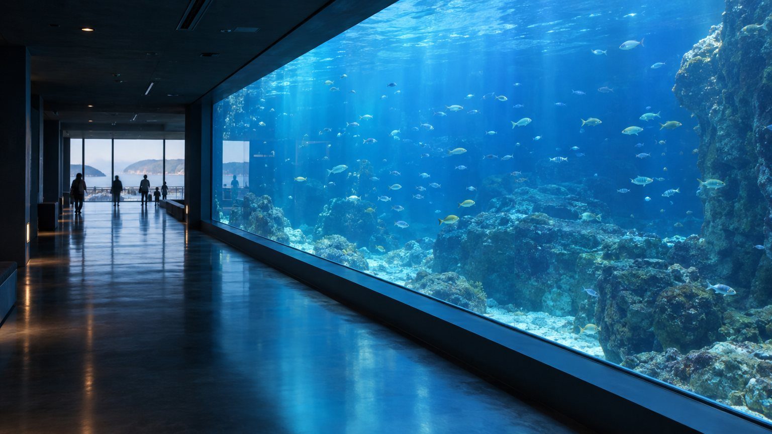 屋内水族館の青い水槽が並ぶ通路のイメージ