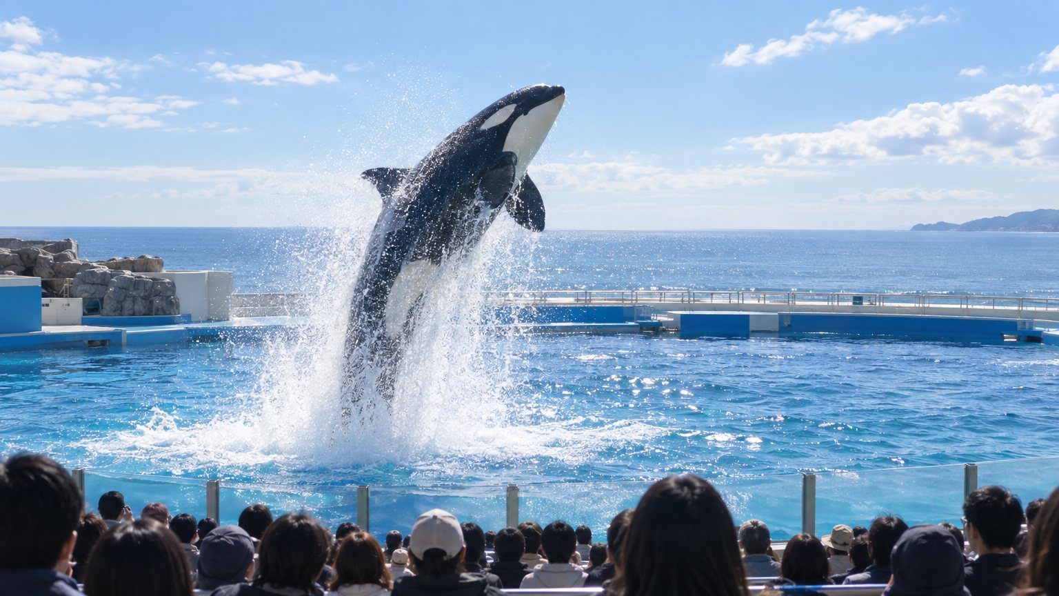 海沿いの水族館でシャチのパフォーマンスを見る情景のイメージ