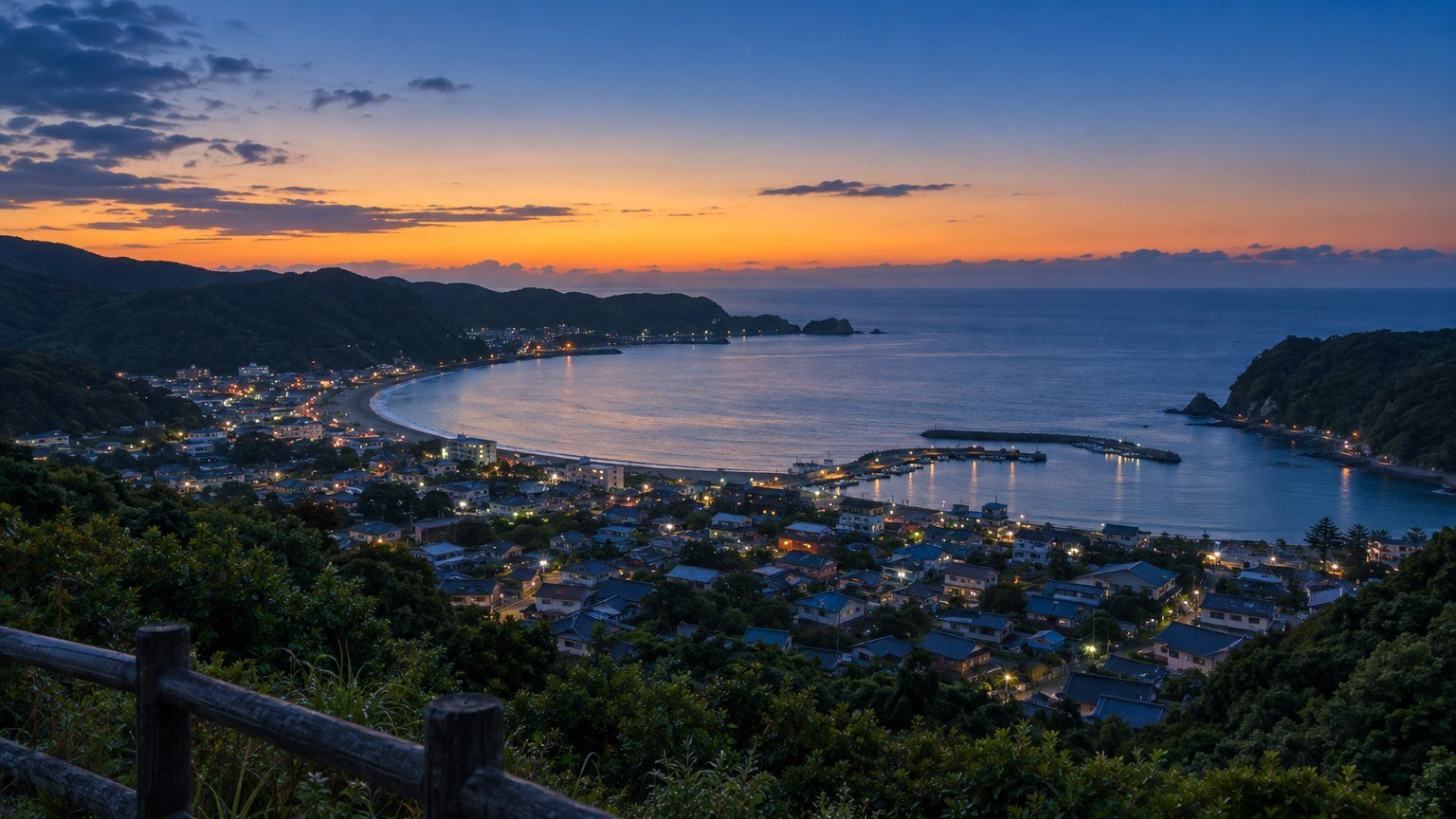 高台の展望台から海沿いの街と湾を見下ろす夕暮れの景色のイメージ